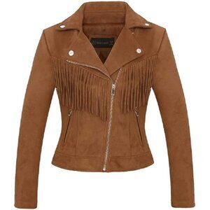 Women's Fall Fashion Faux Suede Leather Moto Biker Jacket Coats Tassel Brown